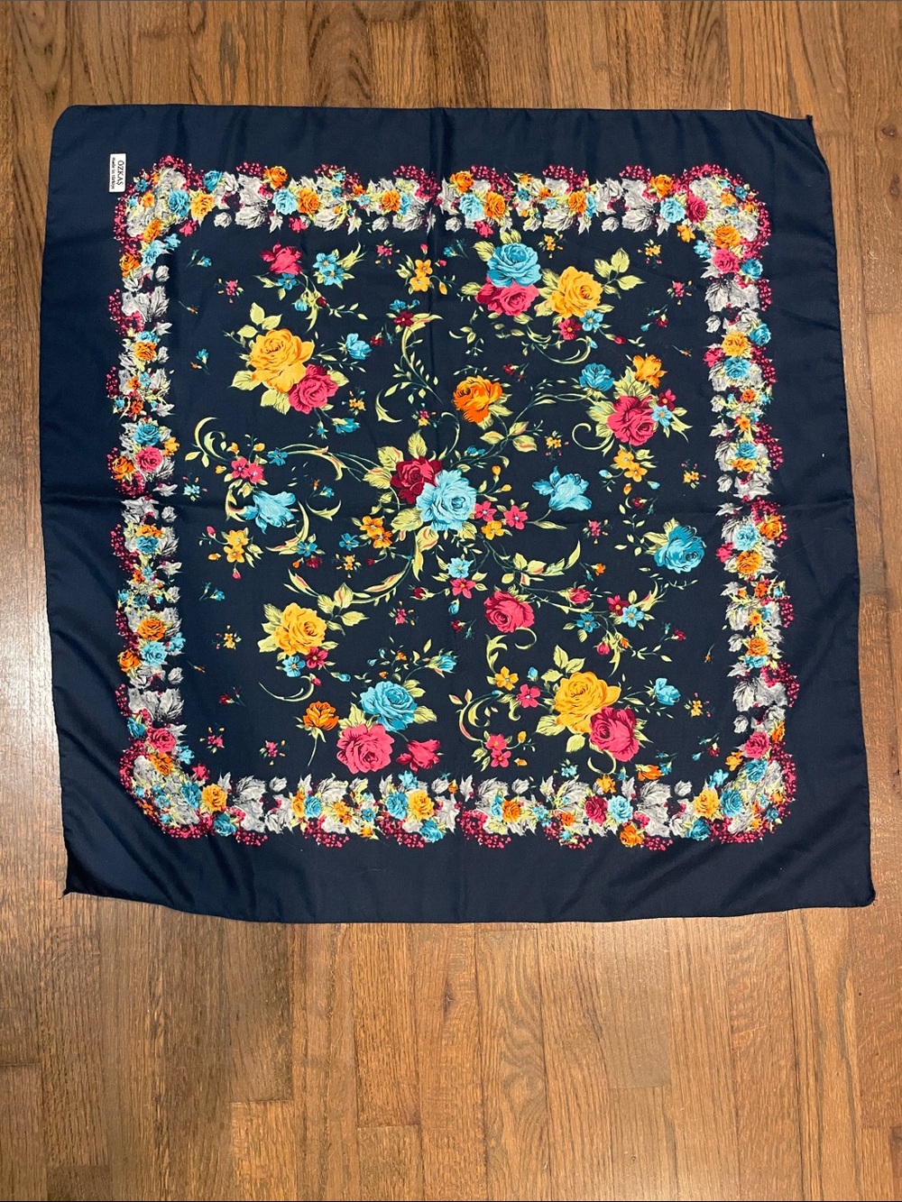 Navy Floral Square Scarf with Multicolor Roses